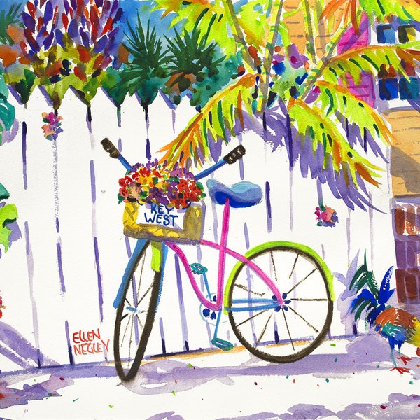 Key West Art, Bicycle Print, Chicken Print, Bike watercolor, Florida Art, Tropical Painting, Whimsical Beach Art, Colorful Painting, Negley