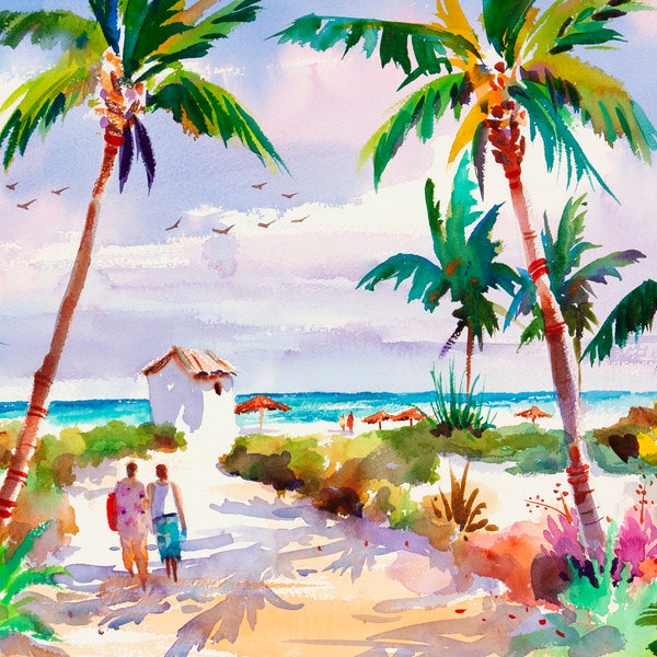 Impresión de playa de México, Impresión de Yucatán, Tulum, Pintura de playa, Impresión de arte de playa, Impresión de acuarela de playa, Arte colorido, Ellen Negley, Arte tropical