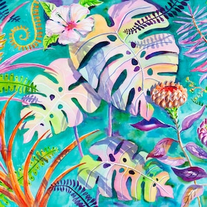 Botanical art, botanical watercolor, Tropical foliage watercolor, tropical plant art, colorful art, flower watercolor print,  Ellen Negley