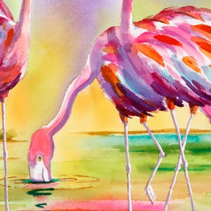 Op de afbeelding: Twee roze flamingo's met lange poten staan in een ondiep waterlichaam. De flamingo links drinkt uit het water, terwijl de flamingo rechts zijn kop omhoog heeft. Het water is lichtblauw en de achtergrond is een zachte aquarelverloop in roze, geel en groen.
