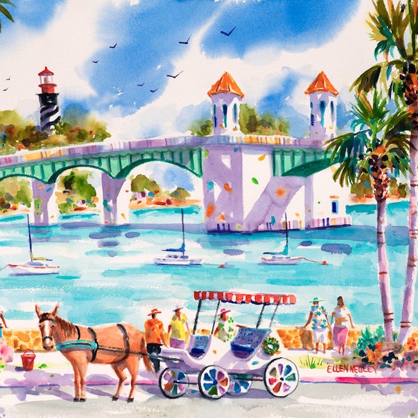 St. Augustine art, Bridge of Lions, Horse Carriage art, Florida art, Ellen Negley watercolors, St. Augustine print, St. Augustine watercolor
