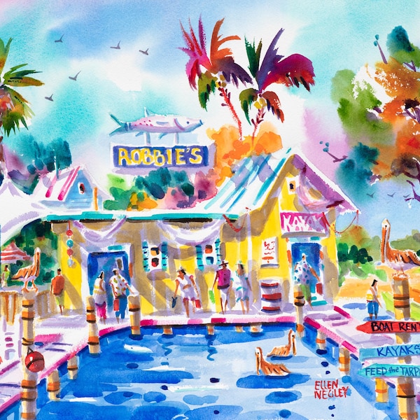Arte mural de Robbie en Islamorada, arte de Key West, acuarelas de Ellen Negley, lámina de arte tropical, lienzo artístico, lámina de acuarela tropical