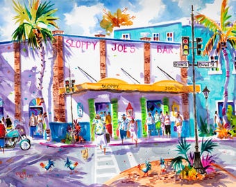Key West Art Print, Sloppy Joe's Bar, Duval Street, Key West Canvas Art, Key West Chicken Art, Ellen Negley Watercolors