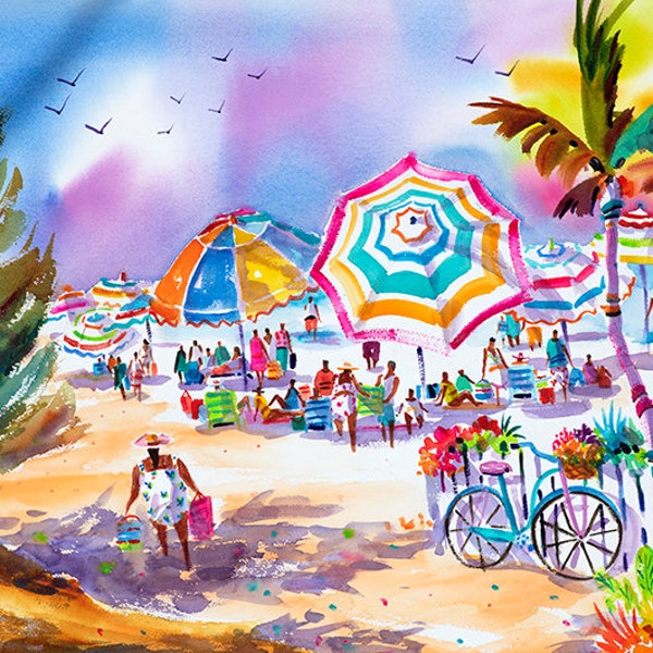 Original Watercolor, Original Painting, Florida Beach art, Ellen Negley Watercolors, Beach umbrella art, tropical watercolor, happy art