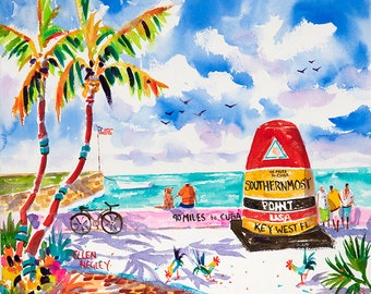 Southernmost Point Art Print, Key West Painting, Key West Buoy, Key West Art Gift, Key West Watercolor Print, Key West Chicken, Ellen Negley