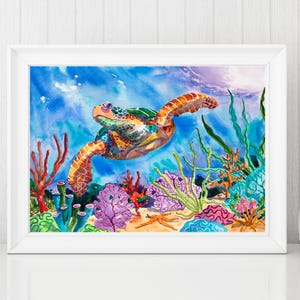 May include: A watercolor painting of a colorful sea turtle swimming in a vibrant coral reef. The turtle is green, orange, and blue, and the coral is pink, purple, and orange. The background is a light blue watercolor wash.