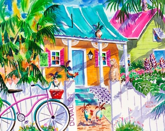 Key West Watercolor, Rooster Print, Cat Print, Tropical Wall Art, Chicken Painting, Mile Marker 0, Bicycle print, Colorful Print, Canvas