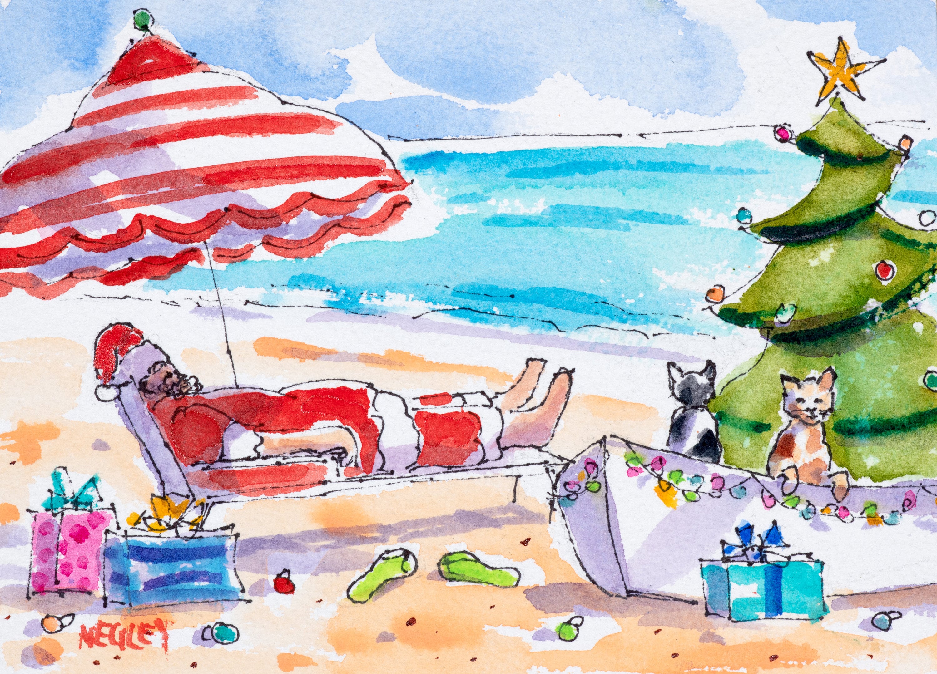 Christmas Cat Watercolor Print, Florida Christmas Art, Santa Beach