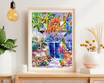May include: Watercolor painting of a purple building with a blue door and a sign that reads "Emerald Inn" in front of a lush green tropical garden.