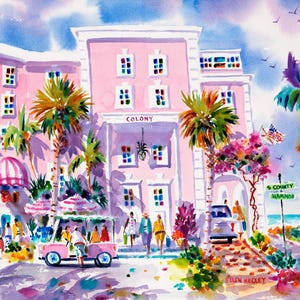 May include: A watercolor painting of a pink building with the word "COLONY" above the entrance. There are palm trees, flowers, and people walking in front of the building. A golf cart is parked in front of the building. The painting is signed "ELLEN MEGLEY" in the bottom right corner.