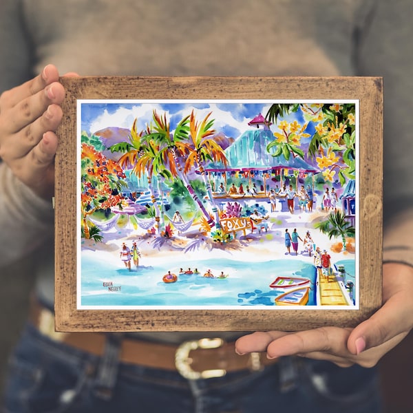 Impresión artística de las Islas Vírgenes Británicas, Jost Van Dyke de Foxy, Arte de bar de playa isleño, Arte en acuarela, Acuarelas de Ellen Negley, Lienzo caribeño
