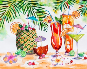 May include: Watercolor painting of tropical drinks and fruit on a beach. The drinks include a pineapple, a coconut, a margarita, a daiquiri, and a rum runner. The fruit includes oranges, limes, strawberries, and cherries.