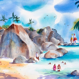 The Baths, British Virgin Islands, Canvas Art, Island art, Tropical art, Watercolor Print, Ellen Negley Watercolors, Caribbean beach print
