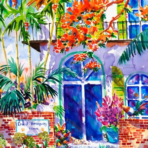 Cat Print, Hemingway House watercolor, Key West print, Key West Art, Cat Painting, Tropical Art Print, Whimsical Print, Colorful Print