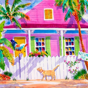 Key West Art, Key West Canvas, Tabby Cat Art Print, Key West Watercolor Art, Key West Rooster Painting, Key West Florida Gift, Ellen Negley