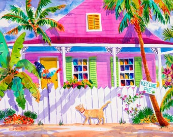 Key West Art, Key West Canvas, Tabby Cat Art Print, Key West Watercolor Art, Key West Rooster Painting, Key West Florida Gift, Ellen Negley