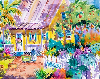 Key West Watercolor Print, Ellen Negley Watercolors, Mango art, Canvas Art, Cat Print, Tropical Print, Colorful art, Island art print