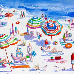 Pu&ograve; includere: Un dipinto ad acquerello che rappresenta una scena di spiaggia con persone che si rilassano sotto ombrelloni a righe colorati. Ci sono sedie a sdraio, asciugamani e secchi. Il dipinto &egrave; firmato "Ellen Neiley".