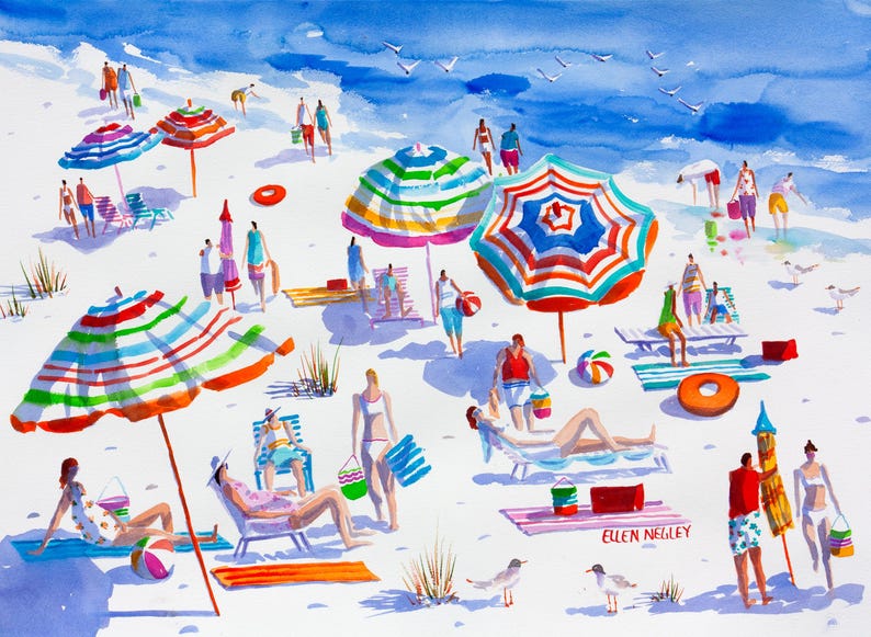 Pu&ograve; includere: Un dipinto ad acquerello che rappresenta una scena di spiaggia con persone che si rilassano sotto ombrelloni a righe colorati. Ci sono sedie a sdraio, asciugamani e secchi. Il dipinto &egrave; firmato "Ellen Neiley".