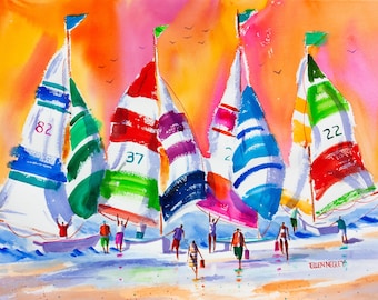 Coastal Decor, Beach Painting, Sailboat Painting, Colorful Watercolor Art, Coastal Art, Whimsical Art, Beach Decor, Ellen Negley