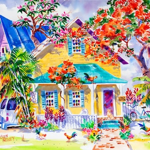 Pu&ograve; includere: Un dipinto ad acquerello di una casa gialla con un tetto blu e una porta rossa. La casa &egrave; circondata da alberi e fiori verdi lussureggianti. C'&egrave; un cartello sulla casa che dice "Conch Fritters".
