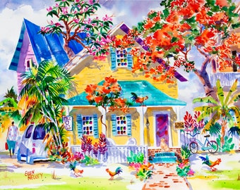 May include: A watercolor painting of a yellow house with a blue roof and a red door. The house is surrounded by lush green trees and flowers. There is a sign on the house that says "Conch Fritters".