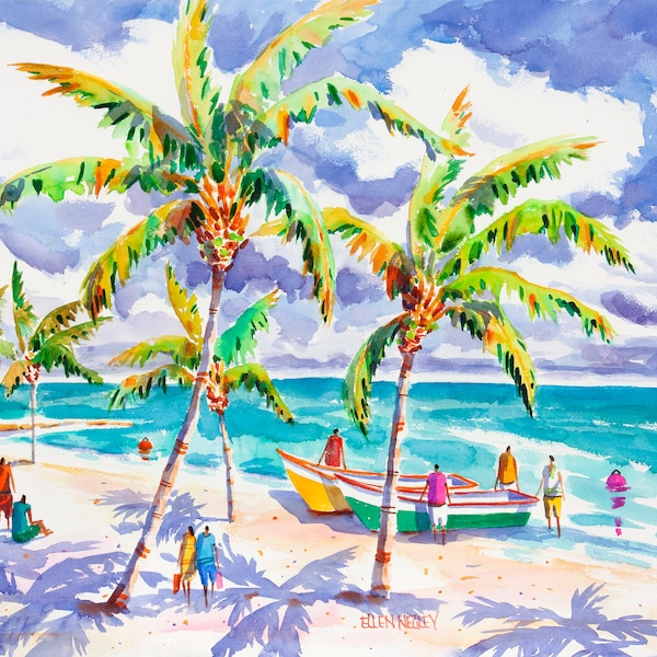 Impresión de arte de playa, acuarela de playa, impresión de arte tropical, impresión colorida, impresión de palmera, arte de pared de playa, arte de playa en acuarela, arte de Key West