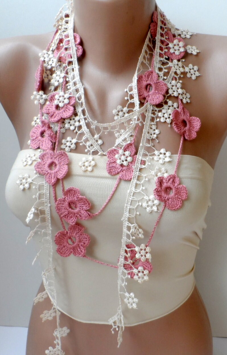 Flower Lariats Cream Salmon Strand Crocheted Necklace scarf | Etsy