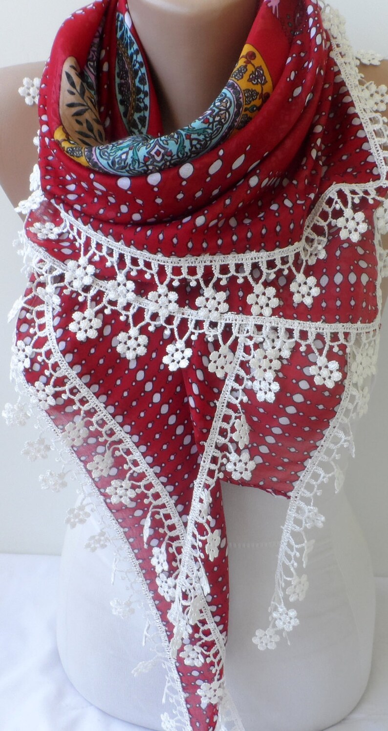 Boho Scarf Red Cotton Lace Scarf Yemeni Floral Summer Women Etsy