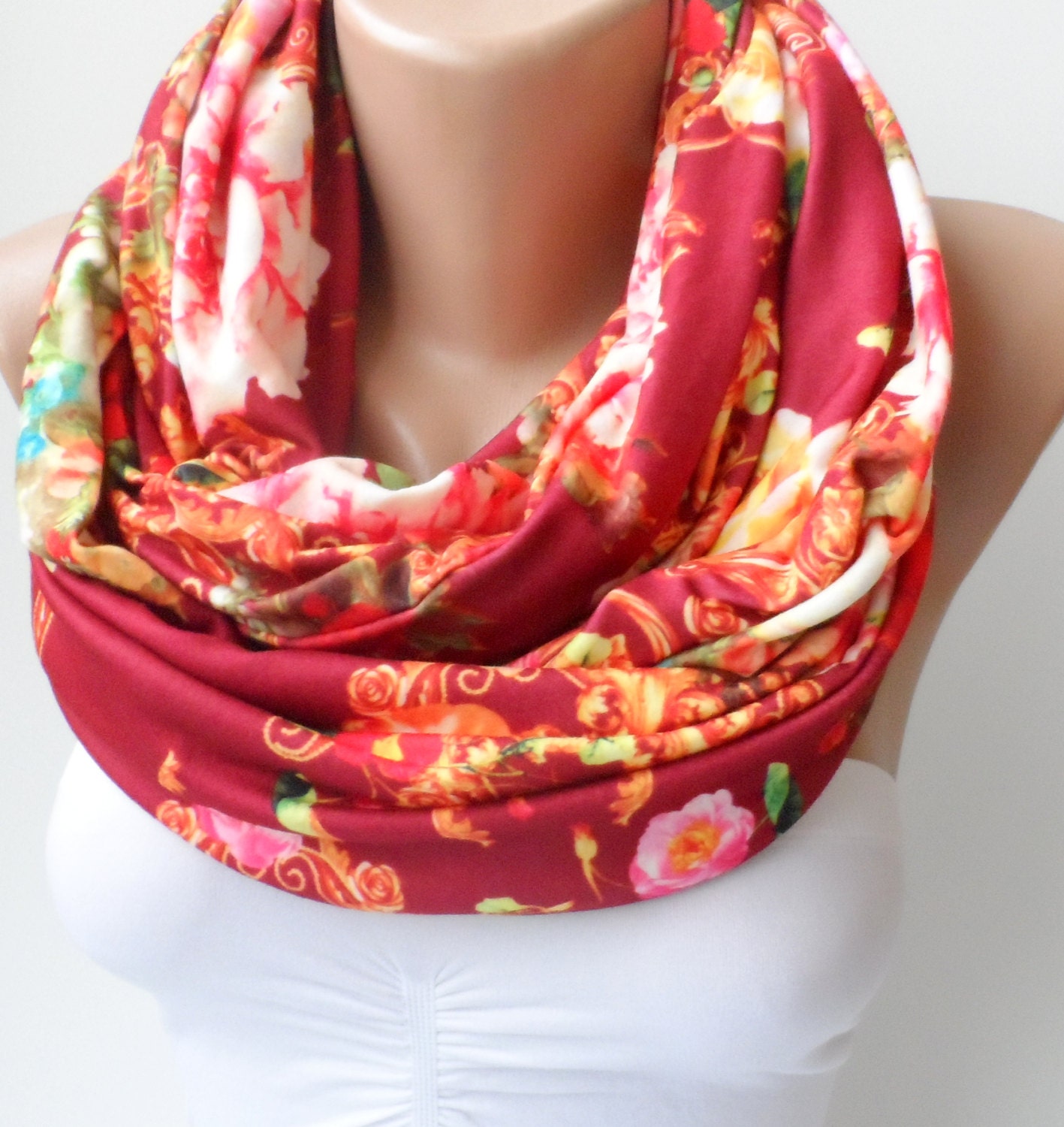 Multicolor Jersey loop scarf Burgundy infinity scarf Floral Etsy