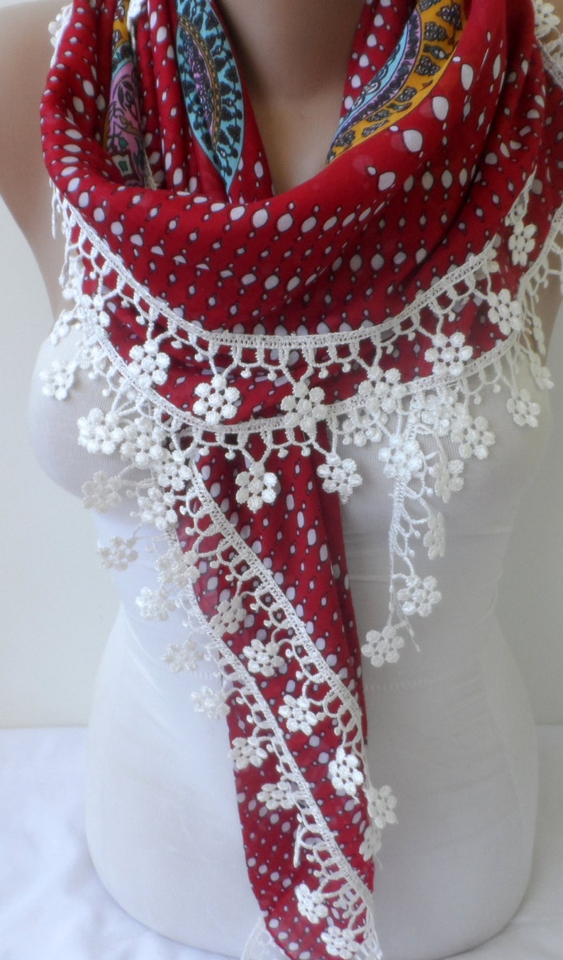 Boho Scarf Red Cotton Lace Scarf Yemeni Floral Summer Women Etsy