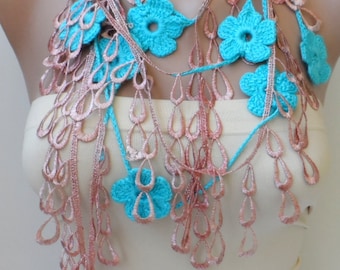 Turquoise Salmon lariats cotton Flower neck scarf Boho Hallowen scarves Floral crocheted Necklace Lariats Salmon scarf Gifts