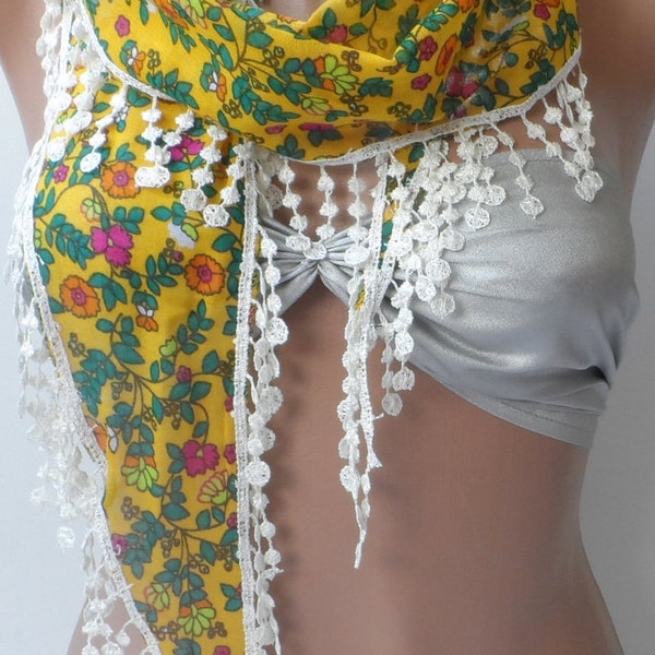 Floral cotton scarf Yellow lace summer cotton scarf Elegant scarf Guipure LACE scarf Summer Trendy scarf fringe flower cotton soft scarf