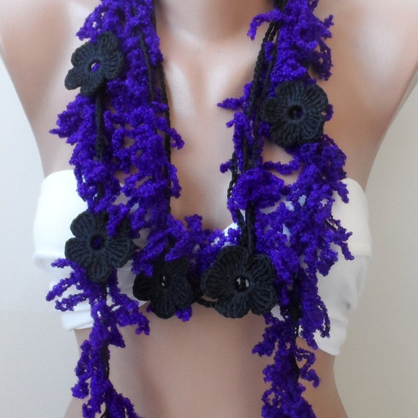 Crazy scarf, Scarf, Purple scarf,Crochet flower, necklace scarf. lariat. Black crochet.scarf, fiber scarf, Braidsmaid gifts, fashion scarf