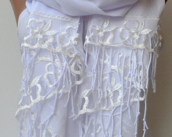 French Lace Pashmina Shawl - Snow White Wedding Scarf