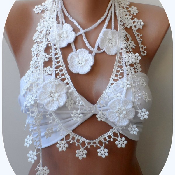 White lace neck scarf lariats Summer scarf Super Elegant Crochet flower necklace scarf White scarf, Guipure scarf, fringe, white lariats