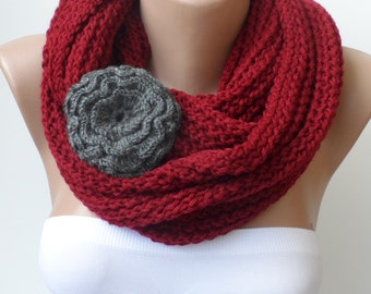 Burgundy Infinity scarf with REMOVABLE Rose Pin Circle scarf in Dark Red Loop scarf Crocheted flower Chunky Cowl Womens scarfs Fashion Trend