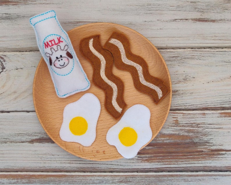 Felt Food Bacon and Eggs, Breakfast Set, Croissant, Milk Bottle image 9