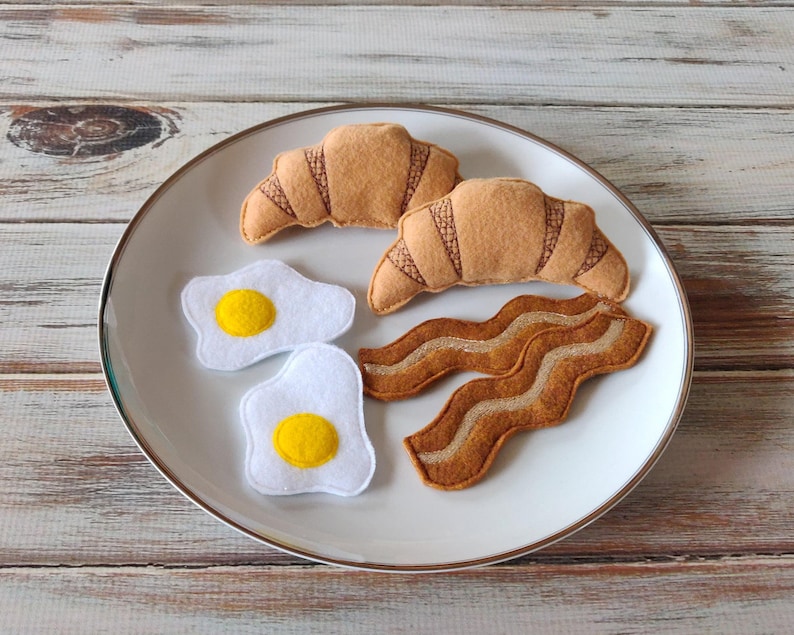 Felt Food Bacon and Eggs, Breakfast Set, Croissant, Milk Bottle image 6