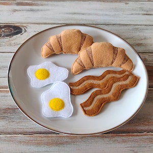 Felt Food Bacon and Eggs, Breakfast Set, Croissant, Milk Bottle image 1
