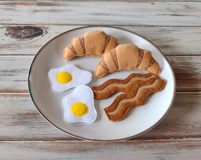 Felt Food Bacon and Eggs, Breakfast Set, Croissant, Milk Bottle image 1