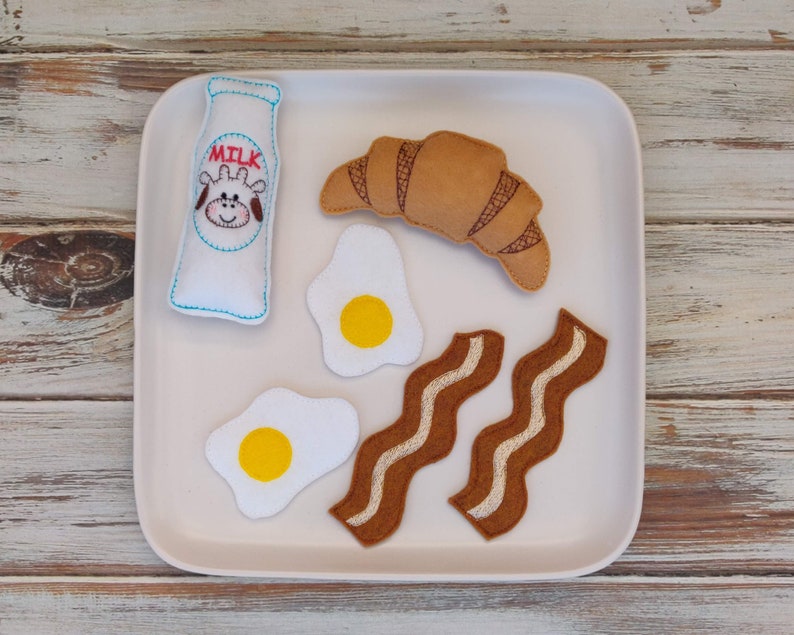 Felt Food Bacon and Eggs, Breakfast Set, Croissant, Milk Bottle Full Set 6 items