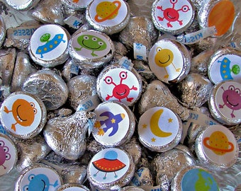 Outer Space Party, Candy Labels - Chocolate Kiss, Candy Stickers - Rocket Ship, Party Favors, Printed