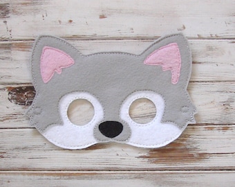 Wolf Felt Kids Mask, Dress Up Play, Halloween Costume, Gray Wolf