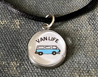 Van Life Necklace  or Charm - Zipper Pull - Camper Van Jewelry- Travel Gift - Glass Tile Charm - Hand Drawing - STAINLESS STEEL