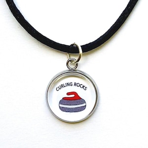 Curling Charm or Necklace - Zipper Pull -  Glass Tile Charm - Winter Sports Jewelry - Curling Stone Charm - STAINLESS STEEL