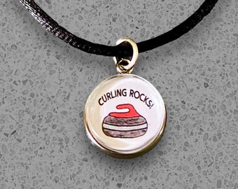 Curling Charm or Necklace - Zipper Pull -  Glass Tile Charm - Winter Sports Jewelry - Curling Stone Charm - STAINLESS STEEL