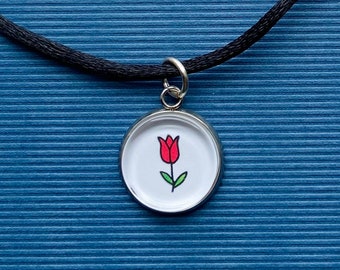 Tulip Necklace  or Charm - Zipper Pull - Summer Charm -  Glass Tile Charm - Spring Jewelry  - Flower Pendant - STAINLESS STEEL