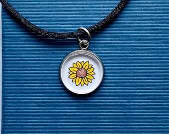 Sunflower Necklace  or Charm - Zipper Pull - Glass Tile Charm - Summer Gift - Boho Jewelry - Flower Pendant - Hand Drawing - STAINLESS STEEL