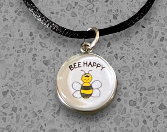 Bee Happy Necklace  or Charm - Zipper Pull - Bee Charm -  Glass Tile Pendant - Motivational Jewelry - Bee Happy Charm - STAINLESS STEEL